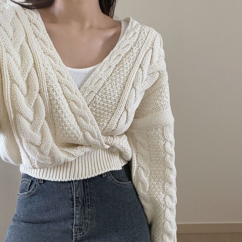 Áo Sweater Tay Dài Phong Cách Retro 185246 Áo Khoác Dệt Kim Dáng Ngắn Phối Nút Xoắn Kiểu Hàn Quốc