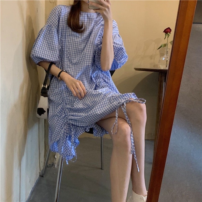 Đầm Dáng Rộng Tay Phồng Họa Tiết Sọc Caro Thiết Kế Dây Rút Thời Trang Mùa Hè Hàn Quốc Mới