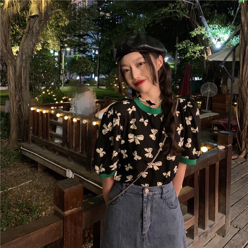 Áo thun ZHELIHANGFEI tay phồng ngắn dáng rộng in hình nơ thời trang hè mới 2022 cho nữ