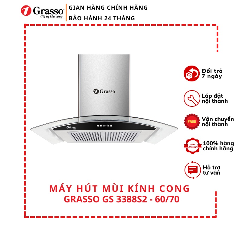 Máy hút mùi kính cong Grasso GS 3388S2 - 60/70/90 thiết kế hiện đại