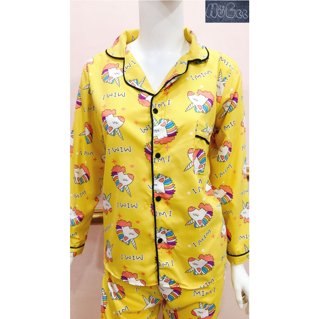 [FREESIZE] Đồ bộ mặc nhà Pijama HUGEE cao cấp vải Kate Thái loại 1 màu vàng họa tiết Kỳ Lân A020