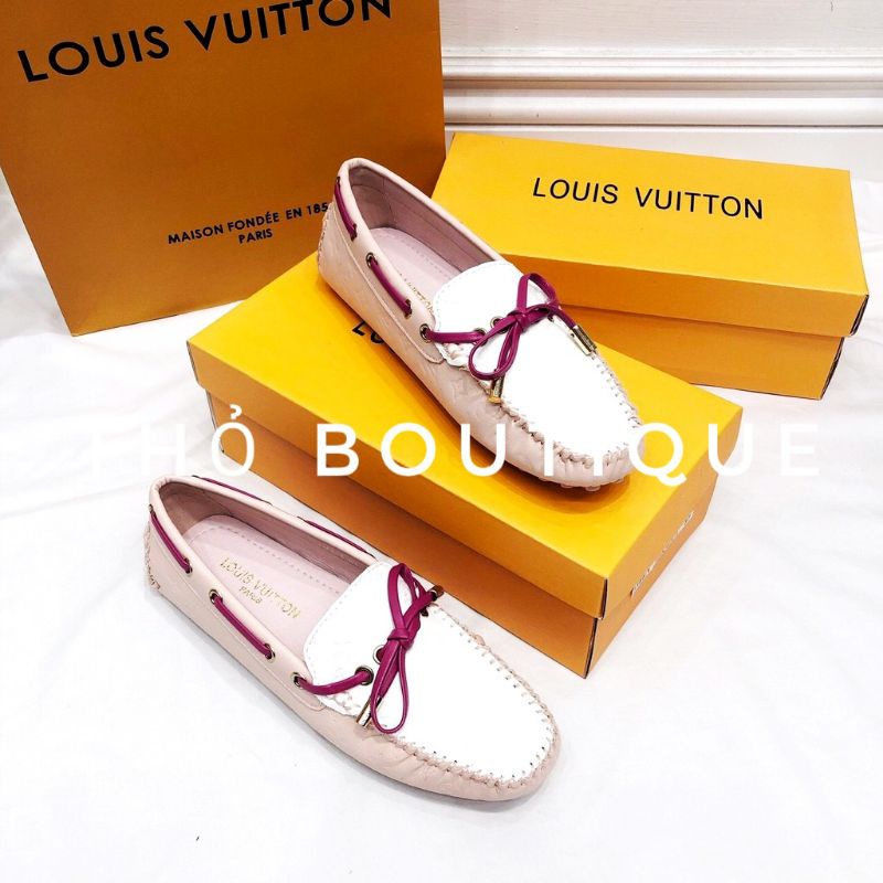 Giày bệt lười moca L.V xuất xịn da mềm dập nổi logo phối hồng sen trắng size 35 36 37