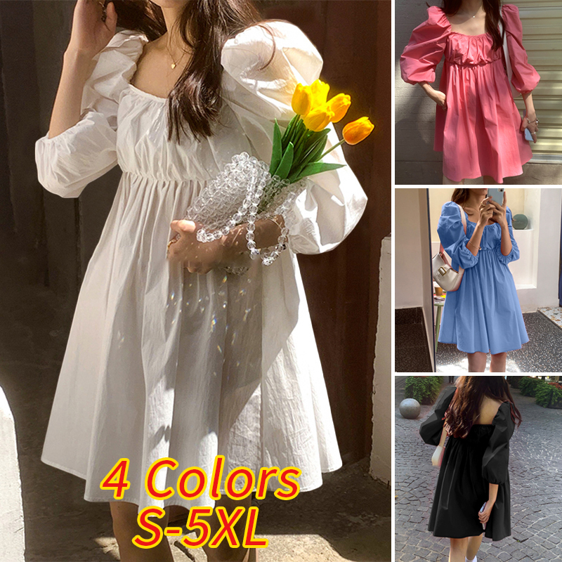 VONDA Women Korean Summer 3/4 Puff Sleeve U Neckline Loose Pleated Tunic Dress | BigBuy360 - bigbuy360.vn