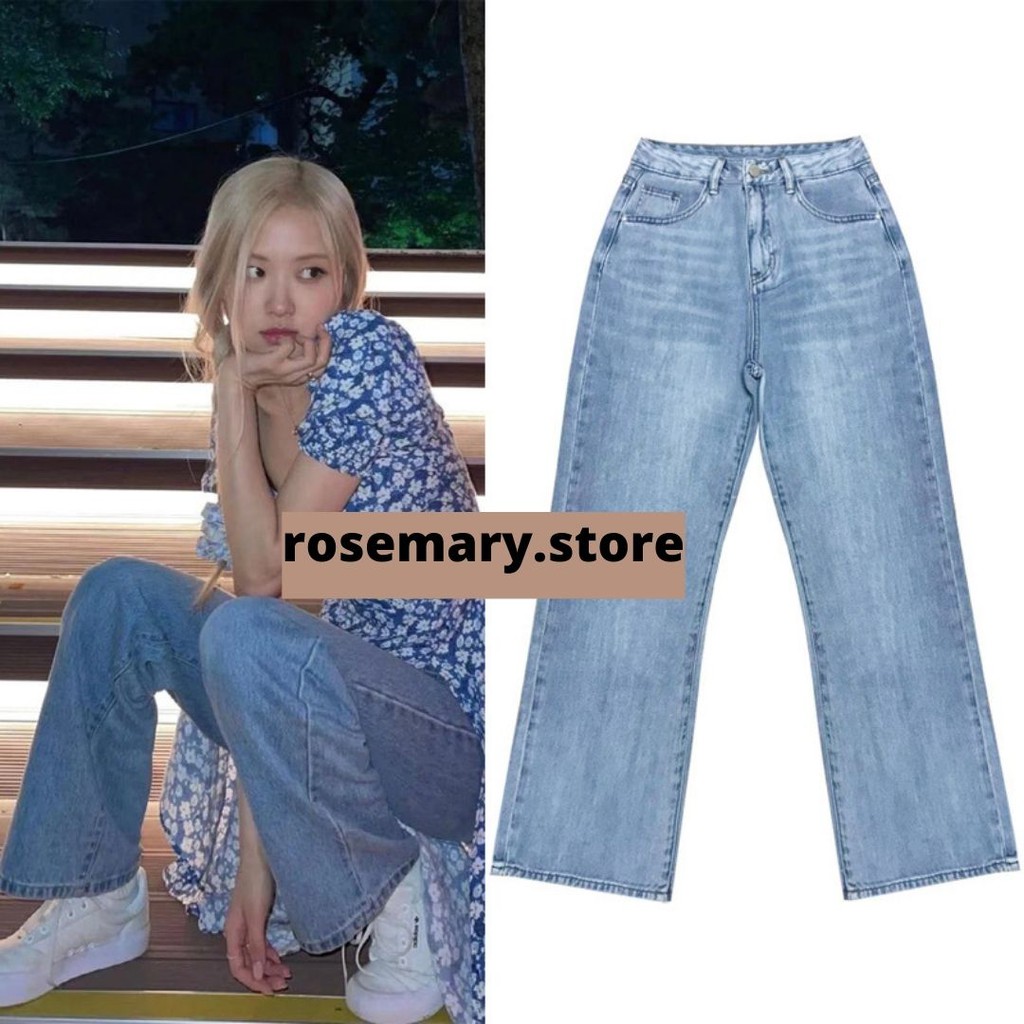 Set váy hoa nhỏ trắng xanh mùa hè và quần jean xanh Rose và Jisoo Blackpink