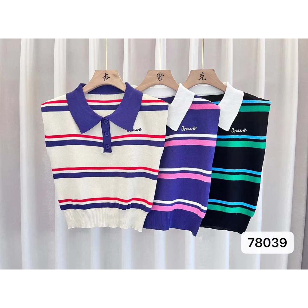 Set Áo Sọc Cổ Polo Chất Dệt Kim+ Chân Váy Chữ A Lưng Cao Phong Cách Hàn Quốc