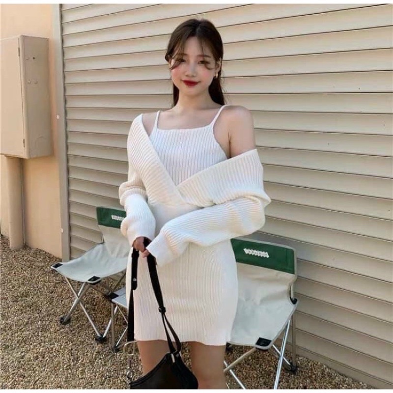 Set đồ nữ ôm body Hàn Quốc sang chảnh - đầm len gân ôm body set áo croptop liền váy cho nữ