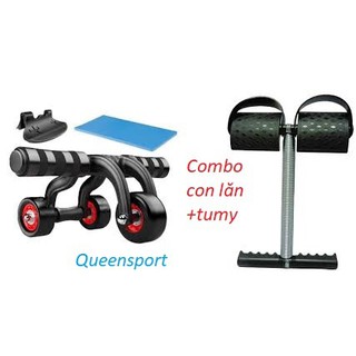 Combo con lăn 3 bánh + dây kéo tập cơ bụng tumy đen _QS