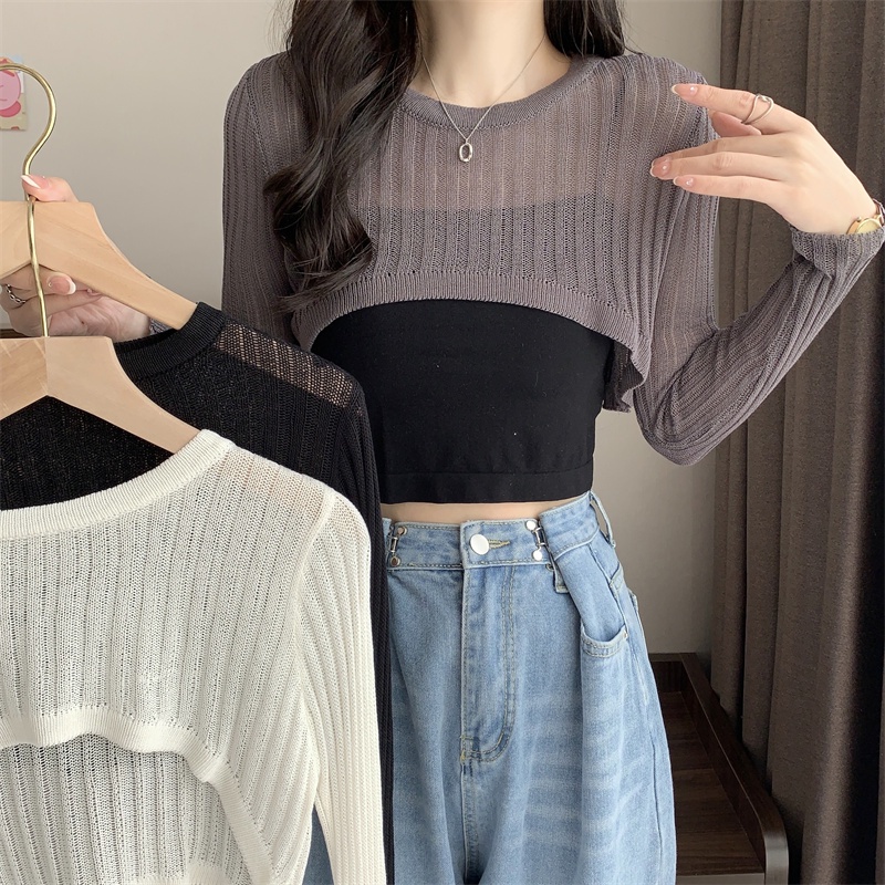 SUXI Áo Croptop Dệt Kim Tay Dài Dáng Rộng Chống Nắng Màu Sắc Trơn Phong Cách Hàn Quốc Thời Trang Mùa Hè Cho Nữ