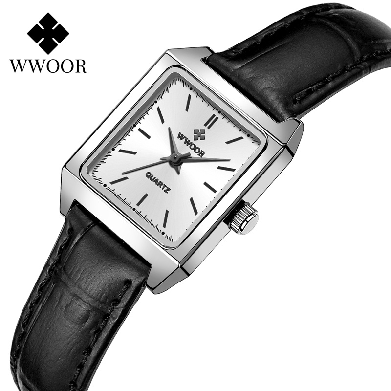 Đồng Hồ Đeo Tay WWOOR Mặt Vuông Dây Da Nâu Reloj Mujer-8850 Thời Trang Cho Nữ-8850