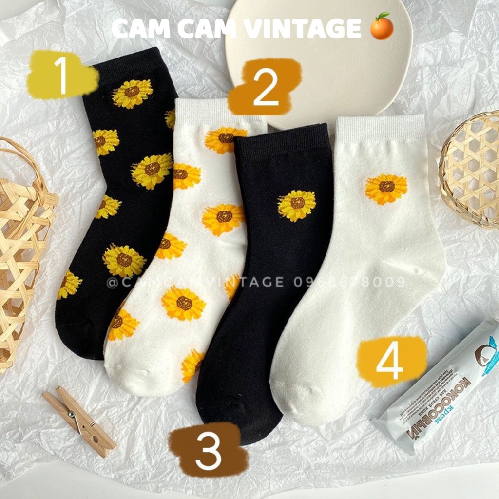 TẤT CAO CỔ NAM VỚ CAO CỔ NỮ TẤT VỚ VINTAGE UNISEX TẤT ĐEN TRẮNG DÁIY TẤT HOA CÚC