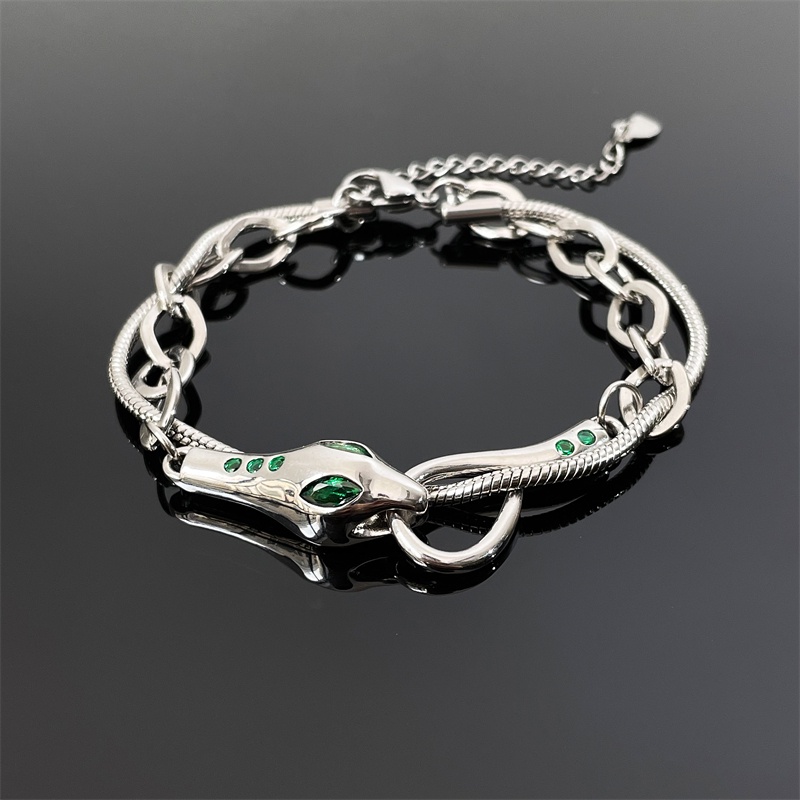 Vòng Tay Dây Xích Hai Lớp Bằng Titan Đính Đá Zircon Hình Rắn Phong Cách Hip Hop Đường Phố Cho Nam Và Nữ