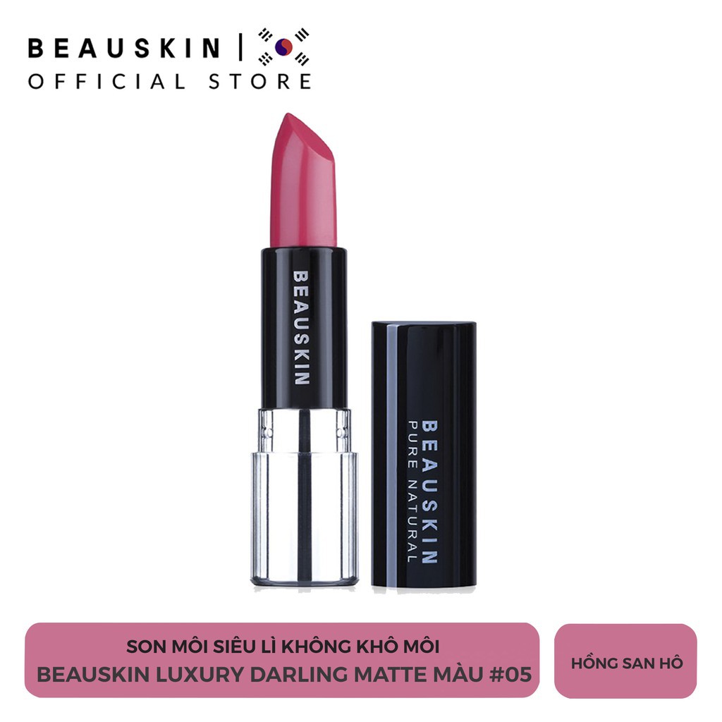 Son lì bền màu không gây khô môi Beauskin Luxury Darling Matte #05 Hồng San Hô- Hàn Quốc Chính Hãng