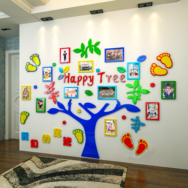 Tranh dán tường mica 3d decor khổ lớn - happy tree, trang trí mầm non, trang trí khu vui chơi trẻ em Nhiều Size - EPeBen