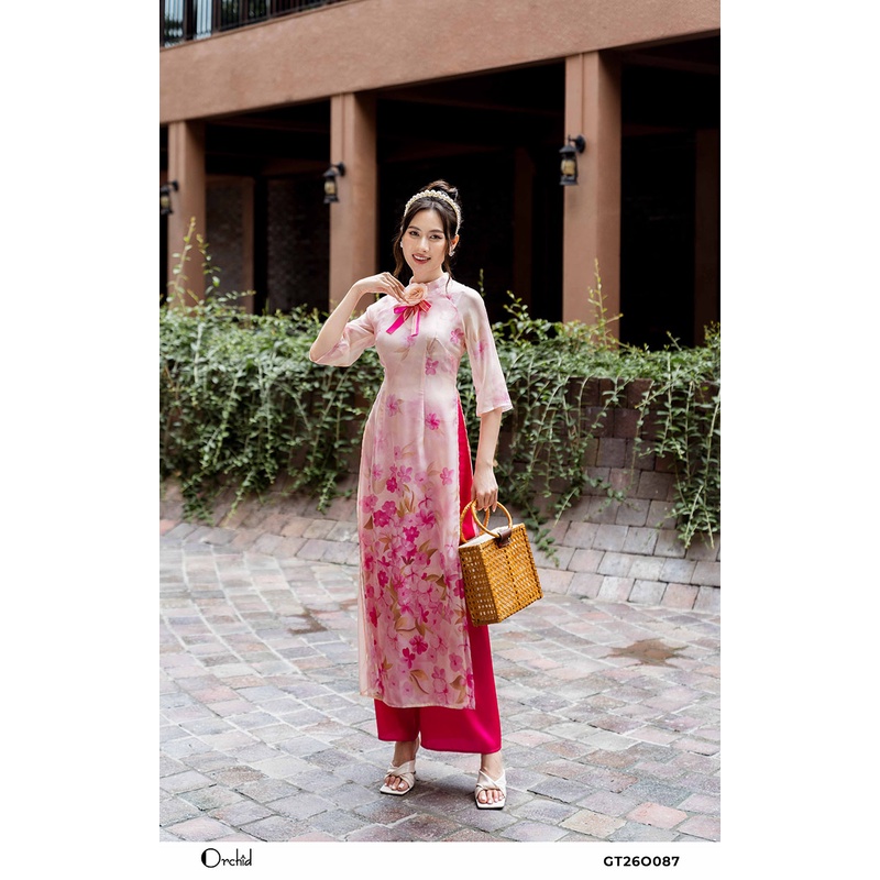 Bộ áo dài cách tân họa tiết hoa nhí kèm nơ thanh lịch Chất liệu tơ cao cấp Orchid GT26O087