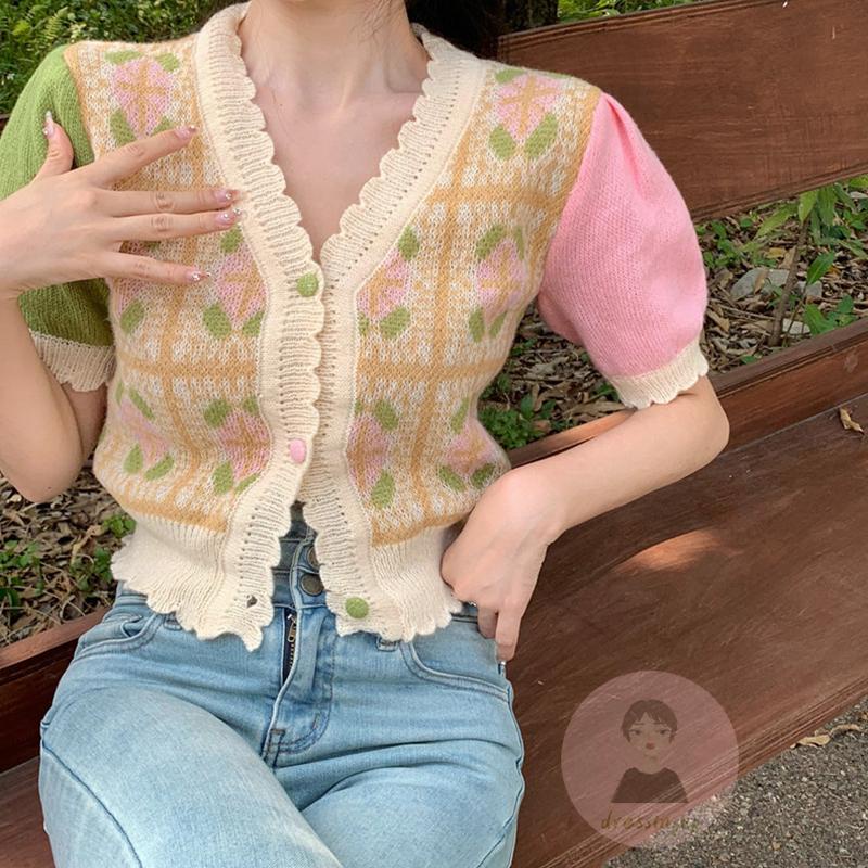 Áo Cardigan Ngắn Tay Cổ Chữ V Màu Sắc Tương Phản Phong Cách Vintage Dành Cho Nữ