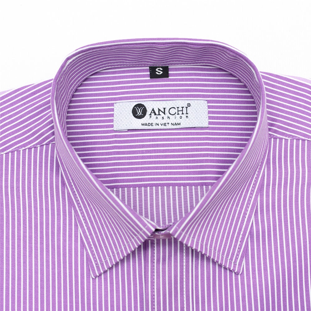 Áo Sơ Mi Nam Ngắn Tay Trung Niên ANCHI Hoạ Tiết Kẻ Tím Vải Sợi Tre Cao Cấp