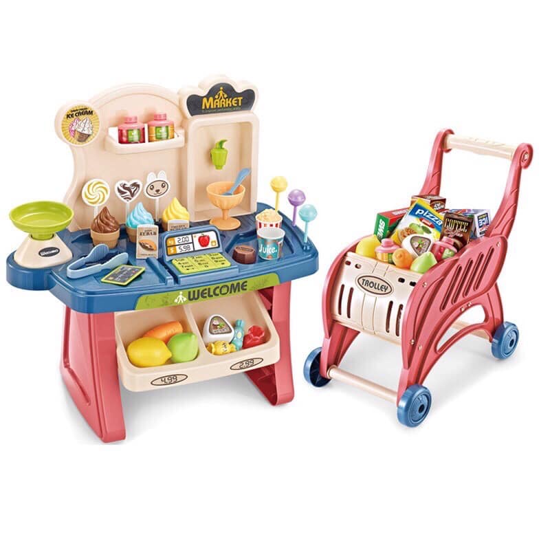 Bộ Bán Hàng Siêu Thị Kèm Xe Đẩy 40 Chi Tiết Cho Bé, Bộ Bán Hàng Xe Đẩy và Quầy Bán Kem Mini