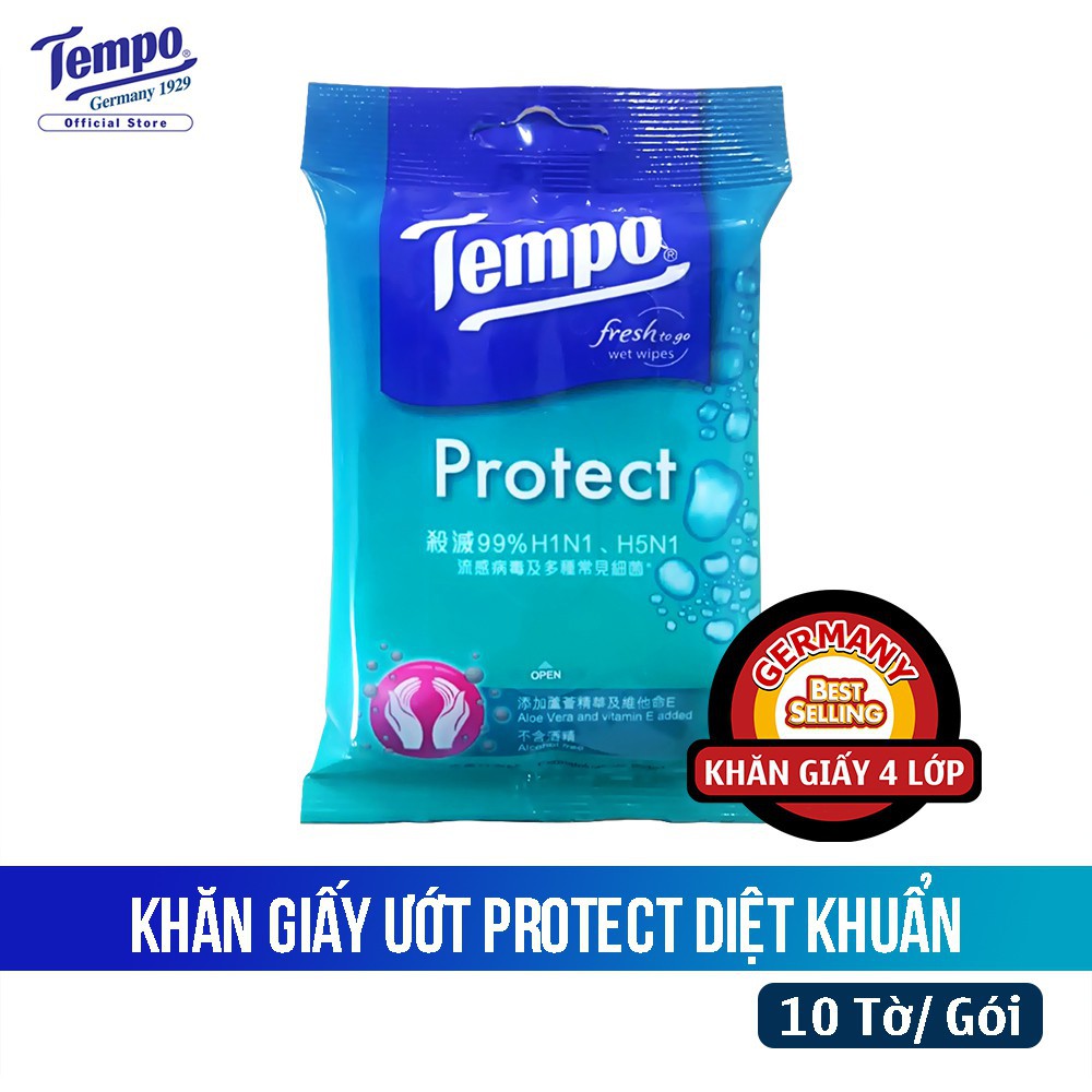 Khăn Giấy Ướt Diệt Khuẩn Protect TEMPO   - Túi 10 Tờ