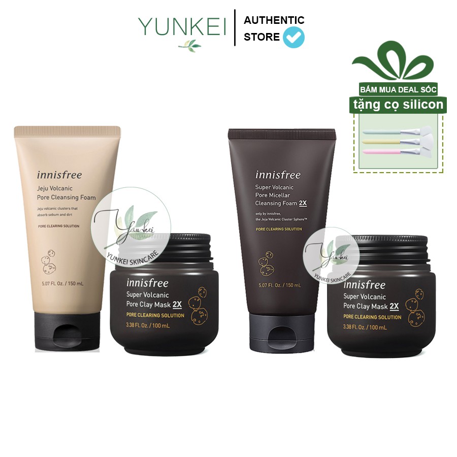 Combo làm sạch sâu loại bỏ mụn đầu đen Sữa rửa mặt + Mặt nạ đất sét Innisfree Super Volcanic Pore Clay Mask 2X