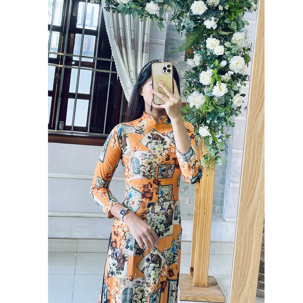 Áo dài hoa tím - Áo dài họa tiết lồng chim vintage