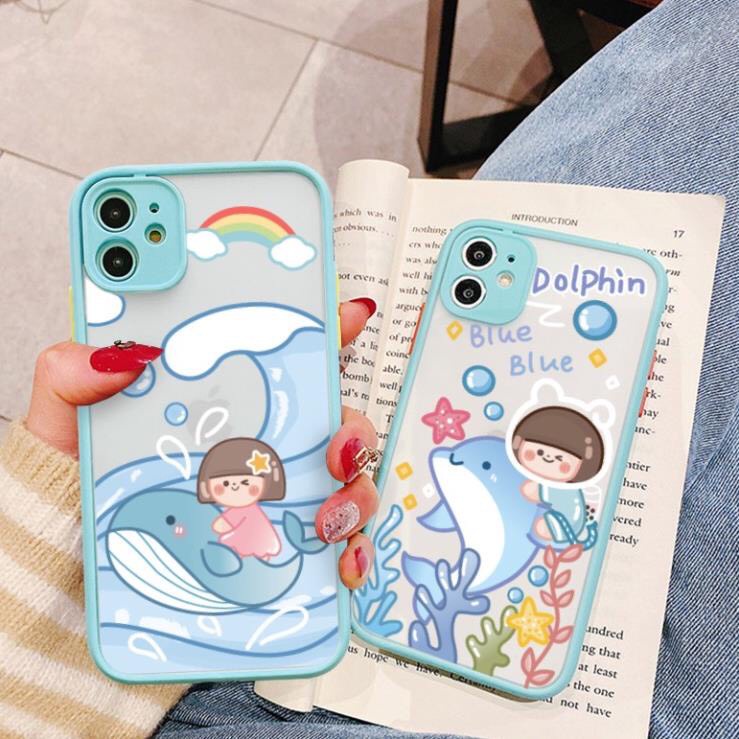 Ốp lưng iphone viền nhám Roro cá voi và cá heo bảo vệ camera 6/6plus/7plus/8plus/x/xs/xs max/11/11promax DT05- Dino case