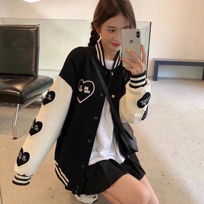  Áo Khoác Nữ, Áo Khoác Bomber Chất Kaki Bo Dệt Hình Tim 2 Màu Hồng/Đen Siêu HOT | BigBuy360 - bigbuy360.vn