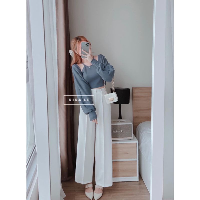 Quần ống rộng cài khuy trước dáng suông dài thời trang