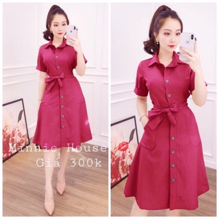 Đầm xoè sơmi túi kèm dây thắt eo duyên dáng