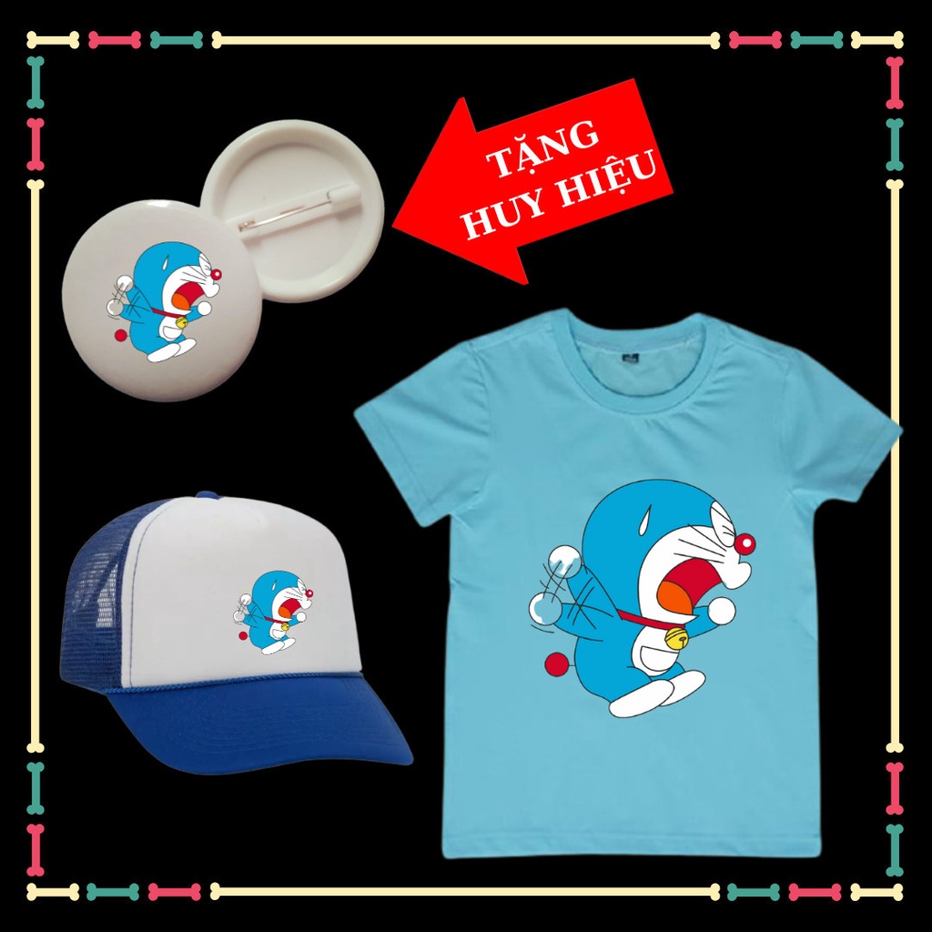 Tặng HUY HIỆU Doremon - Combo mũ áo phông Doremon cho bé trai bé gái xịn xò đủ màu sắc