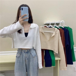 Áo Croptop Dệt Kim Tay Dài Thiết Kế Cổ Chữ V Màu Trơn Thanh Lịch