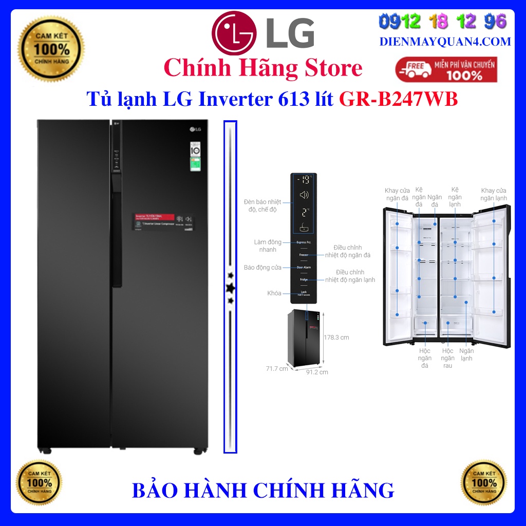 [Mã ELHAMS5 giảm 6% đơn 300K] LG B247WB - Tủ lạnh LG Inverter 613 lít GR-B247WB