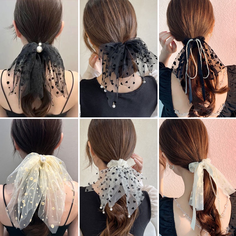 Dây Buộc Tóc Thắt Nơ Ruy Băng Đính Hạt Ngọc Trai Tua Rua