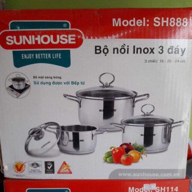 Bộ 3 nồi Inox 3 đáy đế từ Sunhouse SH888(16cm-20cm-24cm)