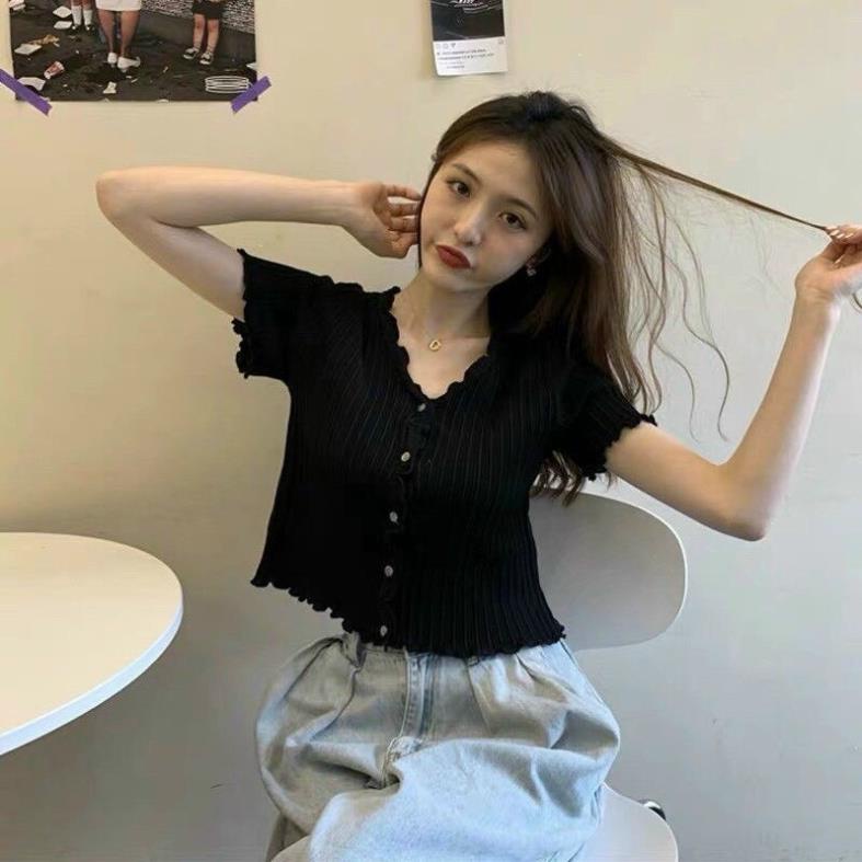 ÁO CROPTOP CỔ V, Len gân phối viền bèo , thiết kế trẻ trung , mẫu hot 2021