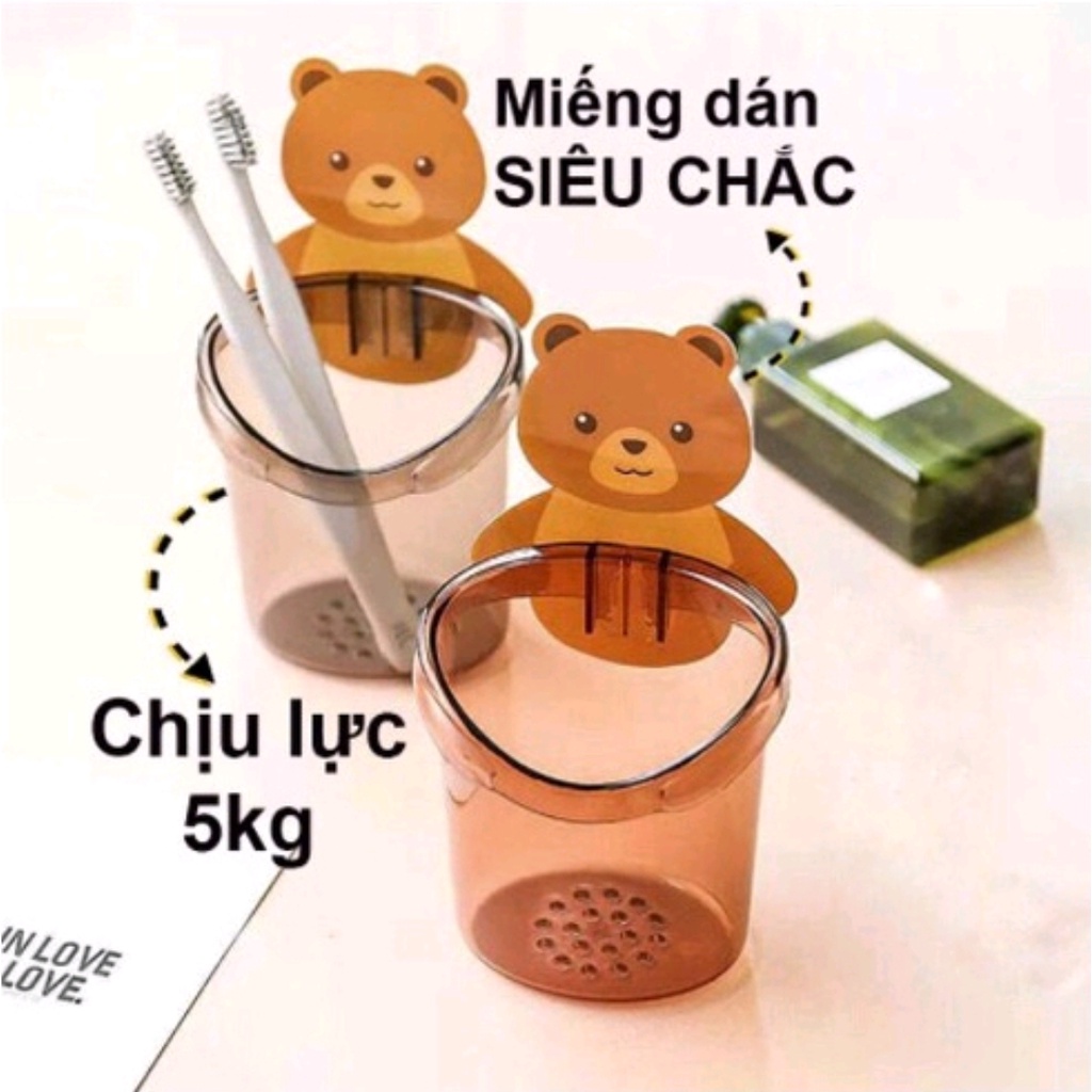 [ TẶNG MÓC DÁN] Cốc gấu dán tường đựng bàn chải đánh răng, cốc gấu nâu đựng kem đánh răng