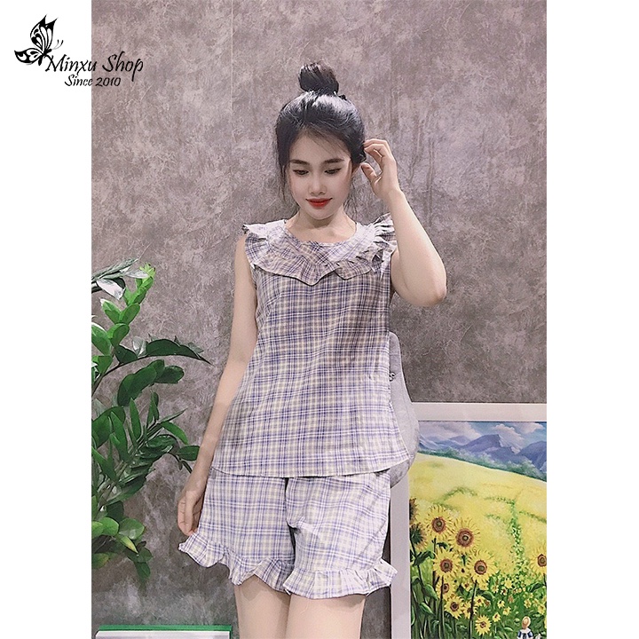 Bộ ngủ nữ kẻ caro áo cộc quần đùi, bộ mặc nhà sát nách chất đũi mềm thoáng mát thấm hút mồ hôi Minxu Shop AF