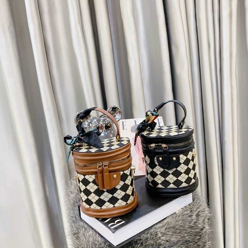 Túi Xách Nữ Dáng Cốp Tròn Ô Trám, Túi Đeo Chéo Nữ Kèm Khăn