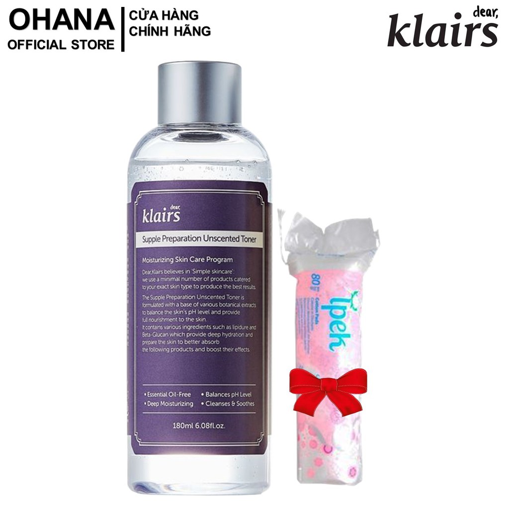 [Tặng Bông] Nước hoa hồng Dear Klairs Supple Preparation Unscented Toner 180ml (Không Mùi Hương)