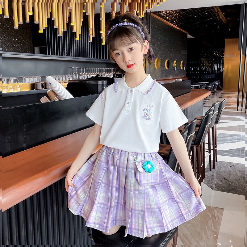 Set Áo Thun POLO Ngắn Tay + Chân Váy Xếp Ly Thời Trang Cho Bé Gái
