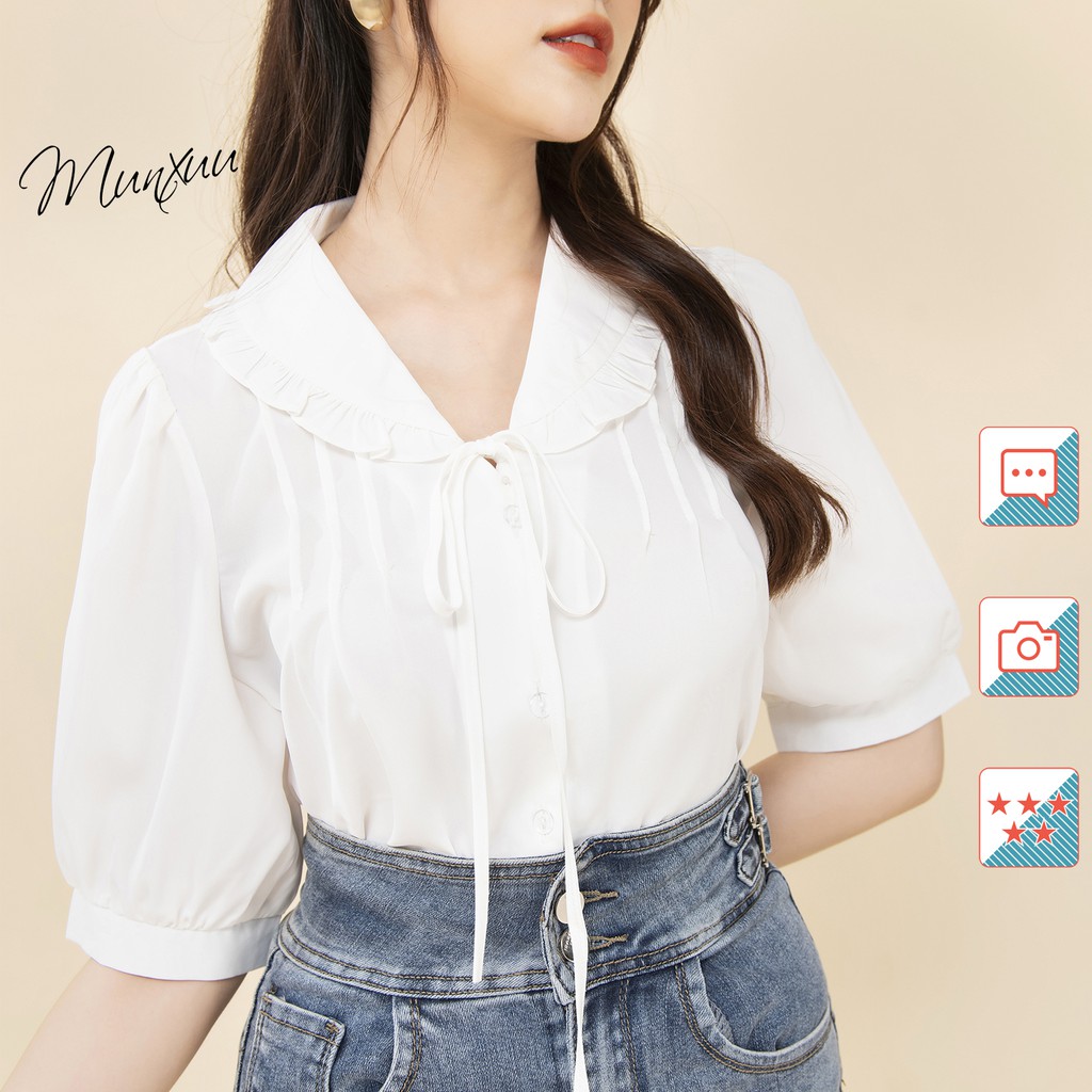 Áo sơ mi nữ trắng tay bồng MUNXUU, thiết kế cổ bèo buộc nơ nữ tính - SP41