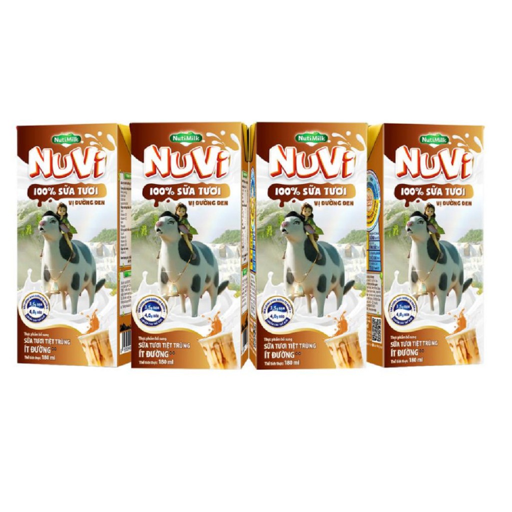 Lốc 4 hộp Nutifood NuVi 100% Sữa Tươi – Sữa Tươi Tiệt Trùng Ít Đường Vị Đường Đen hộp 180ml