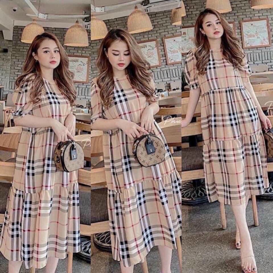 Đầm bầu công sở dáng suông đuôi cá, vải kẻ BBR luôn trend tôn da, tôn dáng, ONESIZE đến 68kg mom diện hết thai kỳ
