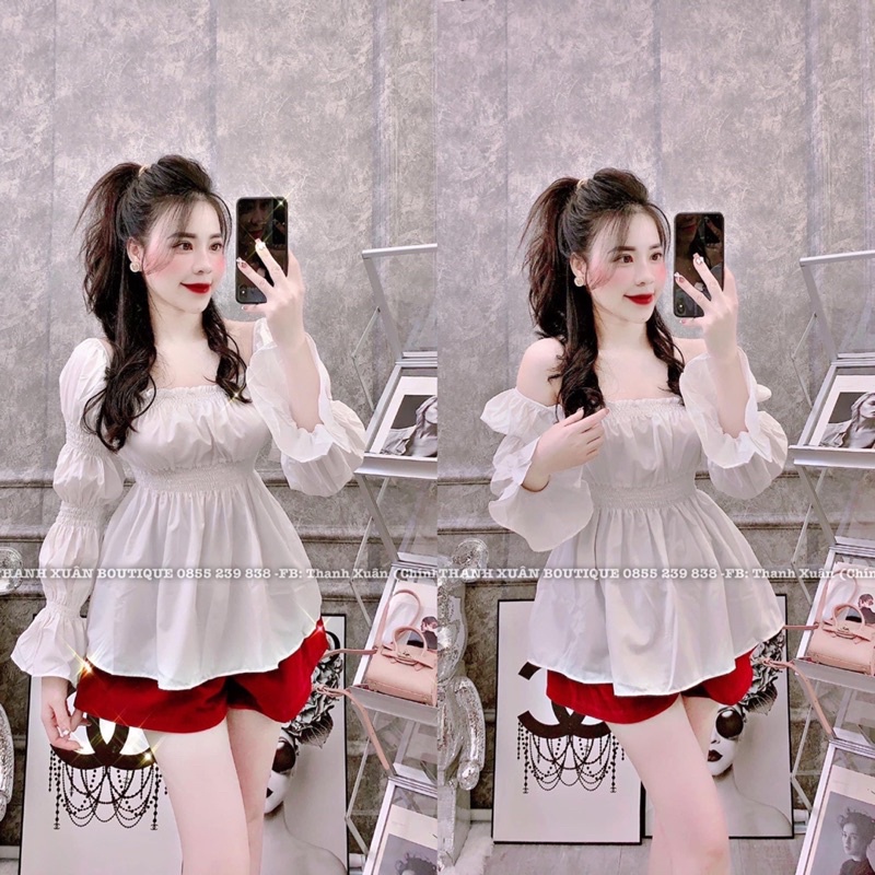 ((Siêu Hót)Sét áo thô trễ vai baby doll mix quần phồng tacta siêu tôn dáng (kèm ảnh thật)