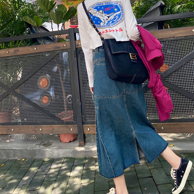 Chân Váy Jeans Lưng Cao Xẻ Tà Phong Cách Retro Cho Nữ | BigBuy360 - bigbuy360.vn