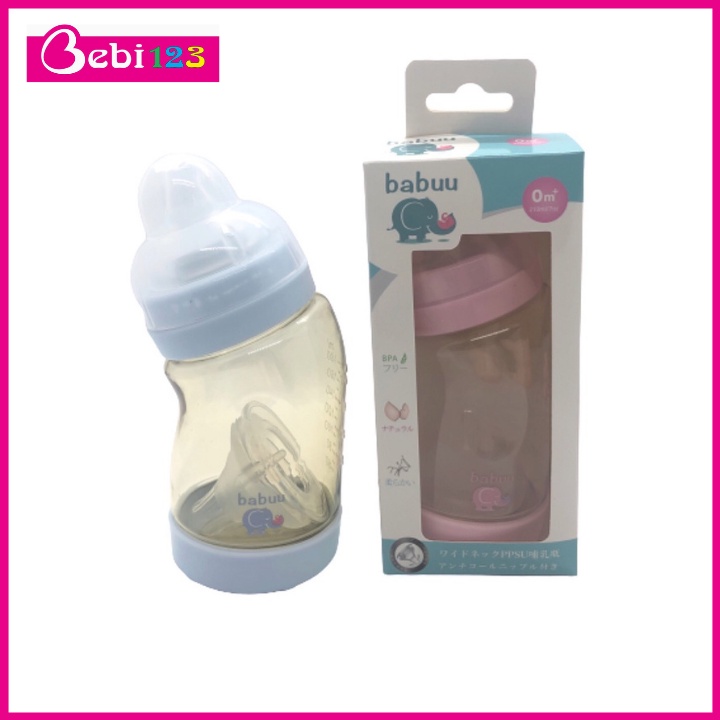 (Tặng Ty) Bình sữa PPSU cổ nghiêng Babuu Nhật Bản dung tích 180ml, 260ml