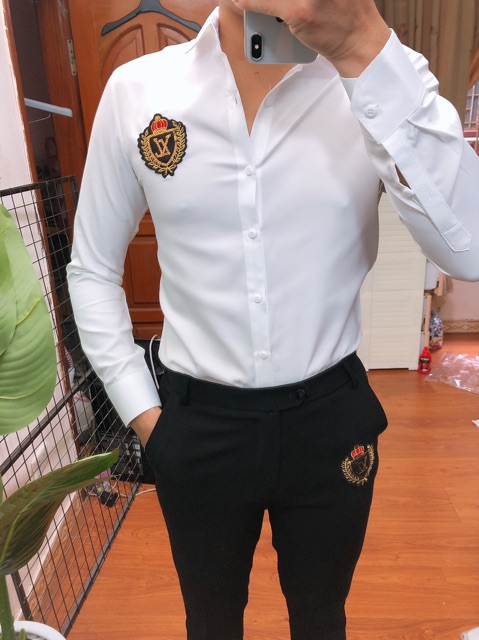 Sơ Mi Nam Trắng Phối Họa Tiết Thêu Lá Lúa cao cấp Vải Lụa Chống Nhăn Không Xù | BigBuy360 - bigbuy360.vn