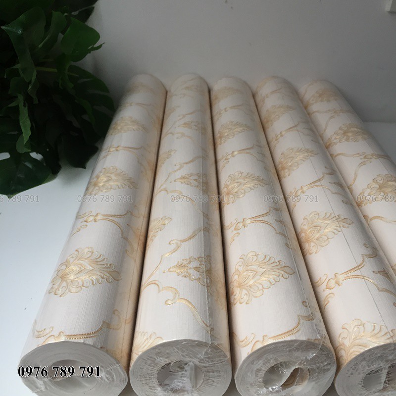 Giấy Dán Tường Hoa Văn Châu Âu 3D Nhỏ Đẹp Cho Phòng Khách, Phòng Ngủ, Lụa Không Keo, Khổ 10m x 53 cm Màu Vàng, Trắng Kem