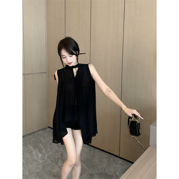 Áo cột dây ruy băng thời trang hè cổ V kiểu Pháp không tay dành cho nữ 2024