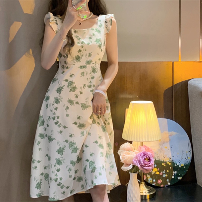 Đầm Chữ a Dáng Ôm Tay Cánh Tiên Cổ Vuông Họa Tiết Hoa Phong Cách Pháp Thời Trang Mùa Hè 2022 Dành Cho Nữ