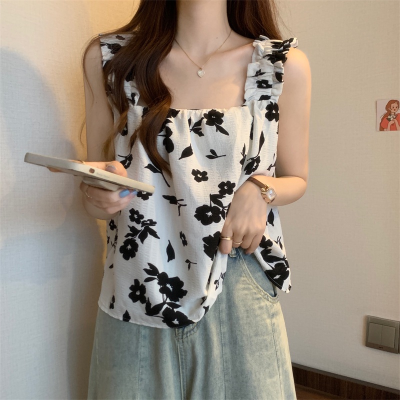 Áo không tay IELGY dáng rộng in hoa kiểu Pháp xinh xắn cho nữ